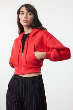 K?rm?z? Regular/Normal Kal?p Kapusonlu Kal?n ici Polarl? Orme Sweatshirt TWOAW25SW00068