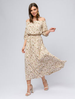 Платье бежевое с цветочным принтом и пышными рукавами - 1001dress фото 2