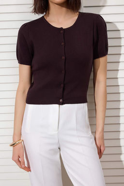 Kahverengi Basic Yumusak Straplez Bluz- Bisiklet Yaka H?rka Tak?m Triko H?rka TWOSS26HI00010