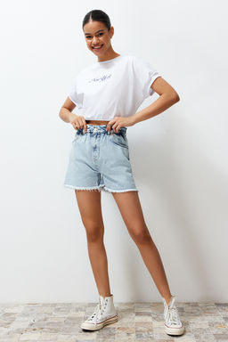 Ac?k Mavi Beli Lastikli Denim Sort TWOSS24SR00057 - Trendyolmilla фото 2
