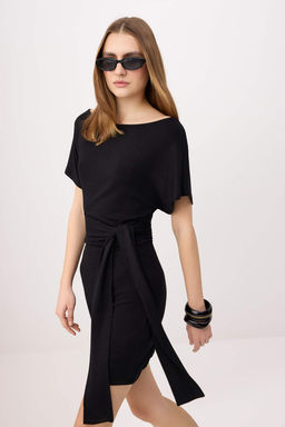 Siyah Bodycon Asimetrik Yaka Baglama Detayl? K?sa Yumusak Orme Elbise TWOSS26EL00256 - Trendyolmilla фото 2