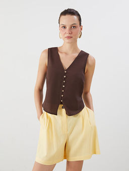 V Yaka Keten Kar???ml? Kad?n Klasik Yelek