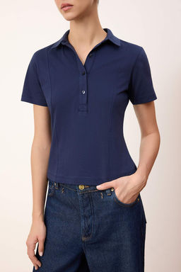 Lacivert Regular/Normal Kal?p Polo Yaka Dikis Detayl? Tok %100 Pamuk Orme Bluz TWOSS26BZ00043 - Trendyolmilla фото 11