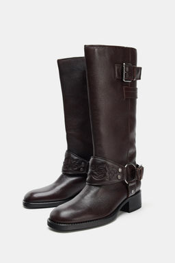 LEATHER FLAT EMBROIDERED BOOTS - Zara фото 3