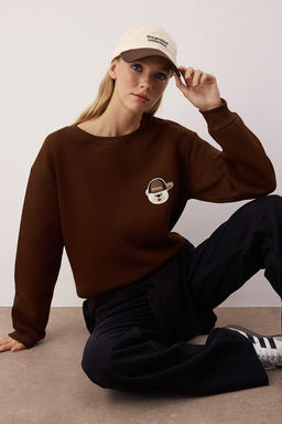 Kahverengi Kal?n Polarl? Bisiklet Yaka Ay? Nak?sl? Normal Kesim Orme Sweatshirt TWOAW26SW00091