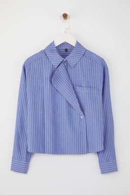 Mavi-Cok Renkli Ceket Yaka Oversize Cizgili Dokuma Gomlek TWOAW26GO00020