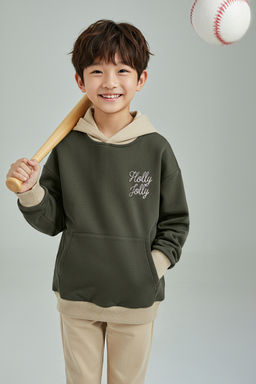 Haki Pamuklu Slogan Bask? Kapusonlu Oversize Orme Erkek Cocuk Sweatshirt TKDAW26SW00011