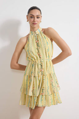 Sar? Cicek Desenli A-Kesim Boho Kat Kat Astarl? Sifon Ucus Ucus Dokuma Mini Elbise TWOSS23EL02056