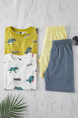 Ekru 4lu Erkek Cocuk Animal Bask?l? Orme Pijama Tak?m? TKDSS25AU00116