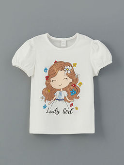 Bisiklet Yaka Bask?l? K?z ?ocuk Ti??rt