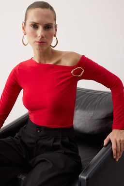 Siyah Fitted/Vucuda oturan Aksesuar Detayl? Asimetrik Yaka Esnek Orme Bluz TWOAW26BZ00075 - Trendyolmilla фото 23