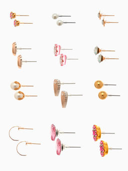 Цена за 2 шт. Серьги пусеты 12 пар «Фантазия» сердца, бело-розовый в золоте