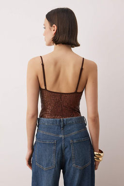 Koyu Kahverengi Degaje Yaka Ask?l? Orme Payet C?tc?tl? Body TPRAW26BD00030