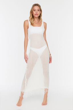 Ekru Orme S?rt Dekolteli Plaj Midi Elbise TBESS22EL2920