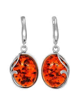 Небольшие серьги из серебра с натуральным искрящимся янтарем коньячного цвета Маньяна