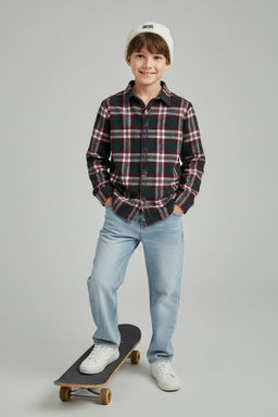 Bordo 100% Pamuk Ekose Oduncu/Flanel Gomlek Yaka Regular Dokuma Erkek Cocuk Gomlek TKDAW26GO00001