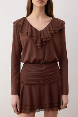 Kahverengi Duz Volanl? / F?rf?rl? Ekstra K?sa / Super Mini Orme Elbise TWOAW26EL00332 - Trendyolmilla фото 4