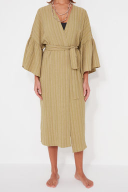 Haki Kusakl? Maxi Dokuma Volanl? Keten Kar?s?ml? Plaj Kimono&Kaftan TBESS23KM00028