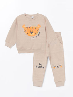 Bisiklet Yaka Bask?l? Erkek Bebek Sweatshirt ve E?ofman Alt 2li