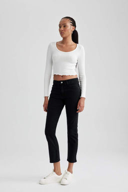 Джинсовые брюки узкого кроя с высокой талией длиной до щиколотки и потертостями - Defacto фото 3