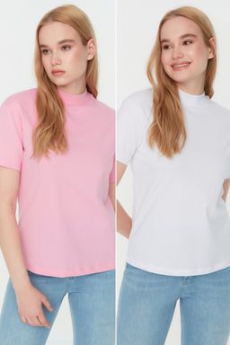 Pembe-Beyaz 2li Paket %100 Pamuk Basic Dik Yaka Orme T-Shirt TWOSS20TS1500