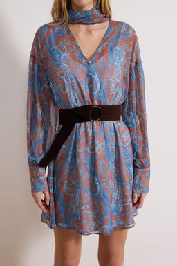 Cok Renkli Fular Detayl? Suet Kemerli Mini Dokuma Elbise TWOAW26EL00377