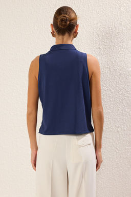 Lacivert C?tc?tl? Polo Yaka S?f?r Kol Regular Orme Bluz TWOSS25BZ00076 - Trendyolmilla фото 5