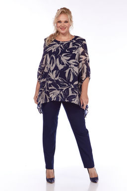 Костюм Элль стиль 2263/7 темно-синий/принт листья  фото 4