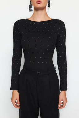 Siyah Parlak Tas Bask?l? Pamuklu Uzun Kol Esnek Alttan C?tc?tl? Orme Body TWOAW24BD00059