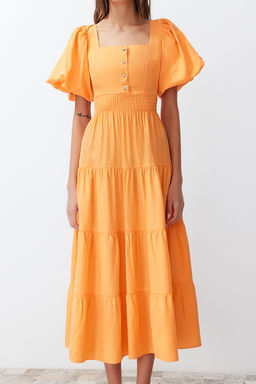 Turuncu Belden Ac?lan Gipe ve S?rt Detayl? Kare Yaka Maxi Dokuma Elbise TWOSS24EL00431