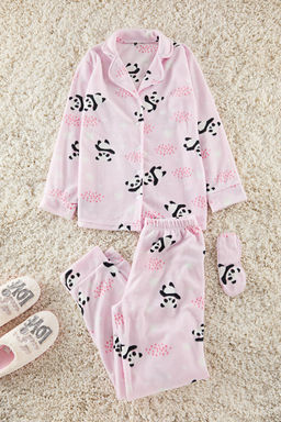 Trendyolmilla Ac?k Pembe Panda Desenli Uyku Bantl? Polar K?sl?k Orme Pijama Tak?m? THMAW22PT0359