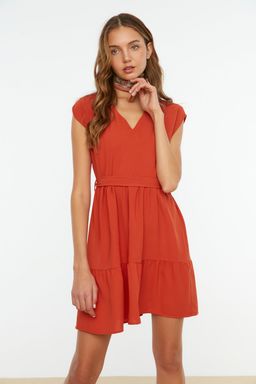 Kiremit Kusakl? Belden Ac?lan Mini Dokuma Elbise TWOSS20EL0628