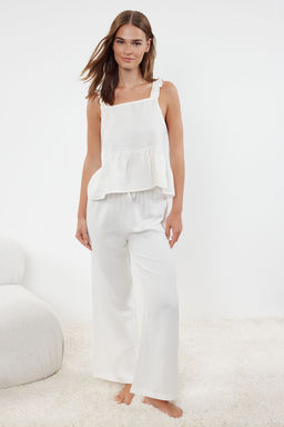 Ekru F?rf?r ve Baglama Detayl? Muslin Dokuma Pijama Tak?m? THMSS24PT00395