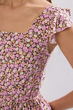 Lila Cicek Desenli Kare Yaka A Kesim Viskon Midi Dokuma Elbise TWOSS20EL3331