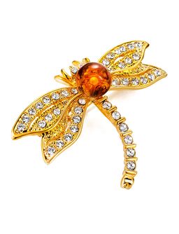 Небольшая изящная брошь в виде стрекозы с натуральным янтарём и кристаллами Beoluna