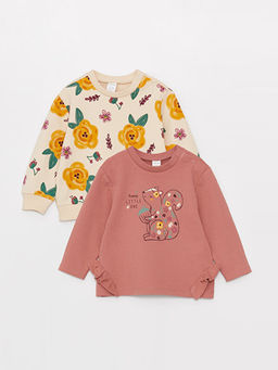 Bisiklet Yaka Uzun Kollu Bask?l? K?z Bebek Sweatshirt 2li