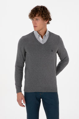 Erkek Slim Fit V Yaka Gri Melanj Basic Triko Kazak - U.s. polo assn фото 3