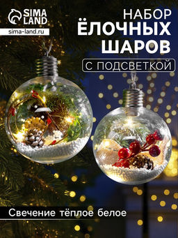 Набор ёлочных шаров «Ветка ели и ягоды», 2 шт., d=10 см, 5 LED, от батареек, свечение тёплое белое