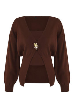 Kahverengi Dugme Detayl? 2li Viral Triko H?rka-Bluz Tak?m TWOAW26HI00017