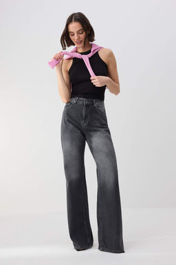 Trendyolmilla Wardrope Essentials Antrasit DOKUMLU Yuksek Bel Wide Leg Jeans TWOSS26JE00128
