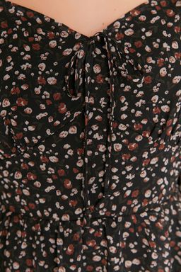 Siyah Cicek Desenli Belden Ac?lan Volanl? Astarl? Dokuma Elbise TWOAW23EL01455