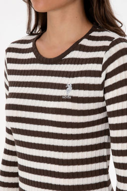 Kad_n Kahverengi _izgili Bisiklet Yaka Sweatshirt