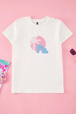 Ekru K?z Cocuk %100 Pamuk Palmiye Bask?l? Regular/Normal Kal?p K?sa Kol Orme T-Shirt TKDSS25TS00051 - Trendyolmilla фото 3