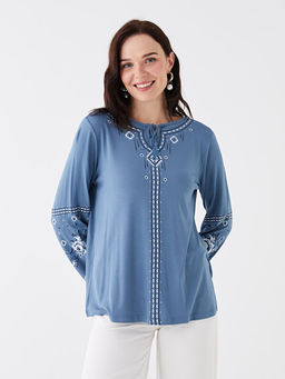 Ba?lamal? Yaka Bask?l? Uzun Kollu Kad?n Bluz