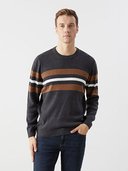 Bisiklet Yaka Uzun Kollu ?izgili Erkek Triko Kazak