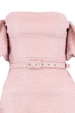 TRENDYOLMILLA Ac?k Mavi Kemerli Astarl? Dokulu Kendinden Desenli Dokuma S?k Abiye Elbise TPRSS19FZ0335