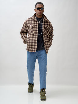 Куртка рубашка шерстяная в клетку мужская демисезонная коричневого цвета 58566K