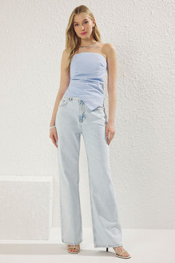 Trendyolmilla Mavi Straplez Pamuklu Dokuma Bluz TWOSS25BZ00242
