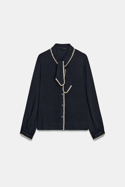 BLOUSE WITH TIE AND CONTRAST TOPSTITCHING
