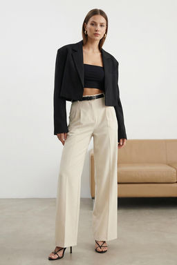 Ekru Pilili Wide Leg/Genis Paca Dokuma Pantolon TWOAW25PL00109 Palazzo